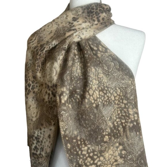 Soft Reversible Animal Print Paisley Floral Brown Shawl Scarf Fringe 72" x 11" - Picture 1 of 6